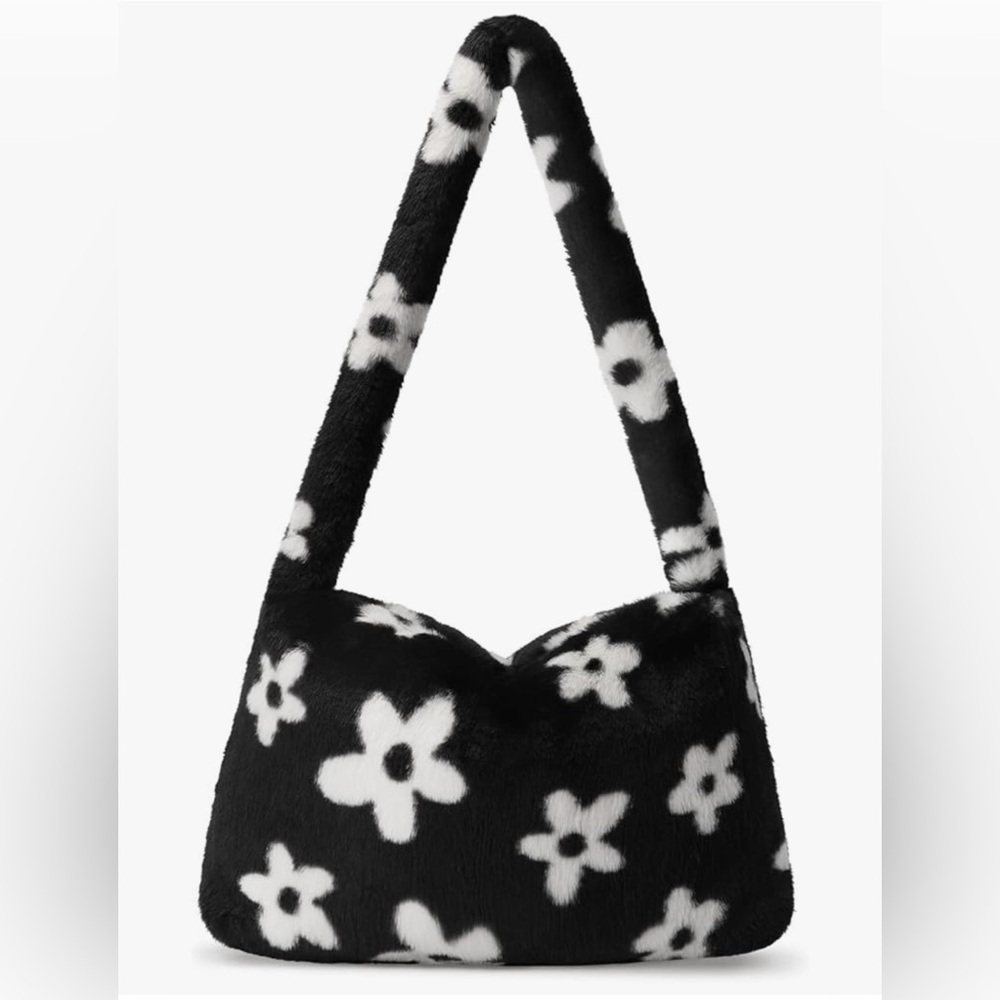 Fuzzy Floral Y2K Shoulder Bag – Black & White – New